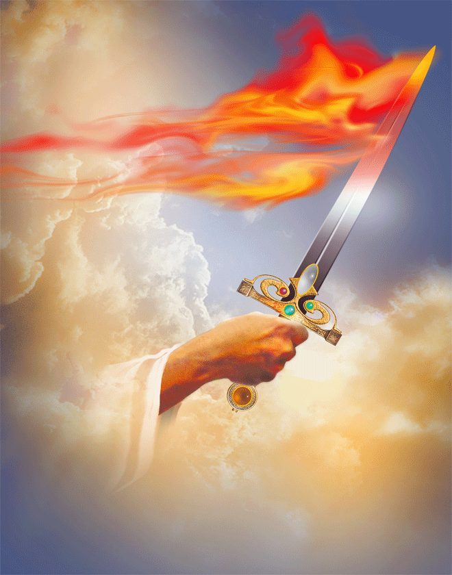 Heavenly hand holding flaming sword